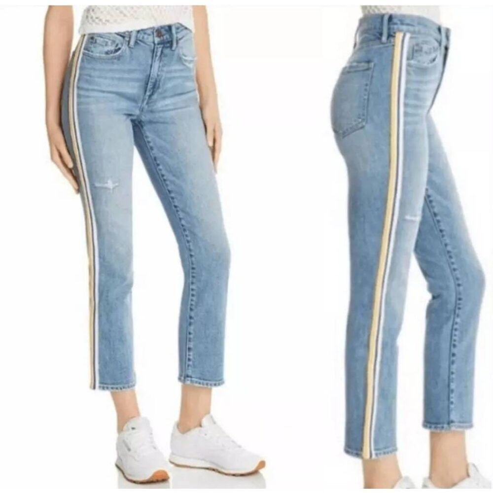 Pistola Jeans Women's Size 24 Blue Yellow Side Striped High Rise Distressed Stra